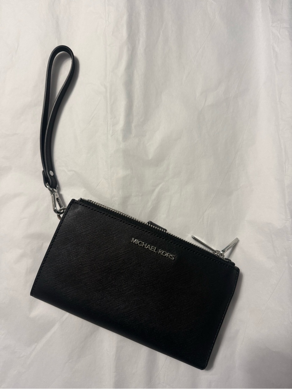 Michael Kors Large Double Zip Black Leather Wristlet w/ Silver MK Logo Hardware